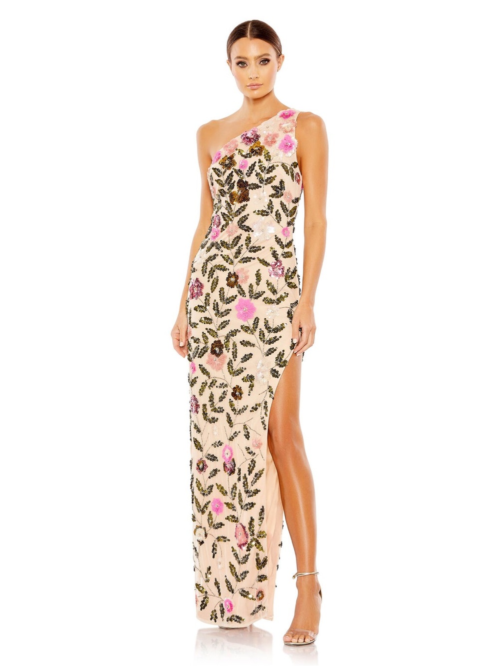 Mac Duggal 10903 Floral Sequined One Shoulder Column Gown Size 6 NWT